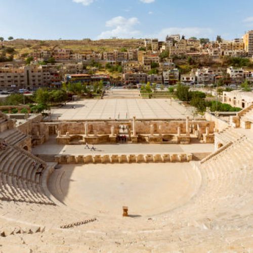 Jordan, Amman : View of the Roman Theater and the city of Amman, Jordan