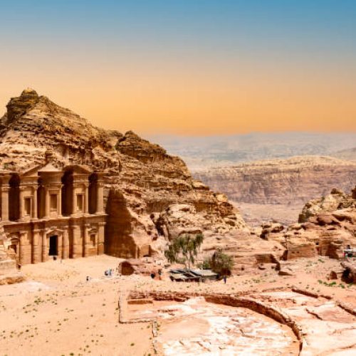 The Monastery or Ad Deir at beautiful sunset in Petra ruin and ancient city of Nabatean kingdom, Jordan, Arab, Asia