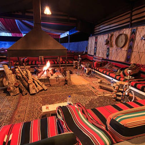 Wadi Rum, Jordan - March 25, 2015: Bedouin camp in the Wadi Rum desert, Jordan, at night, with a fire to warm up guests.