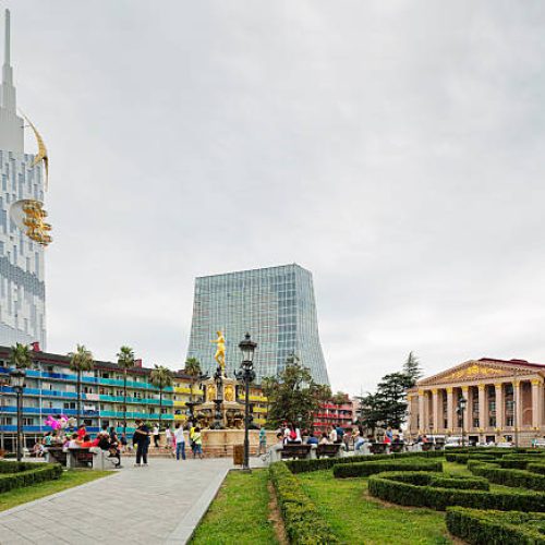 Neptune Fountaine, Chavchavadze State Drama Theatre, University building captured from Theater Square of Batumi, Georgia.