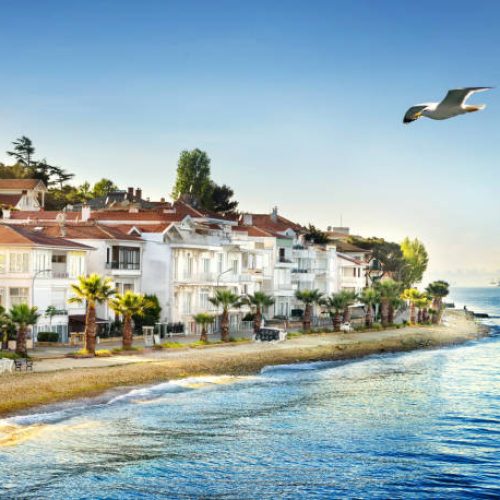 Beach and lagoon on the Islands under sky
